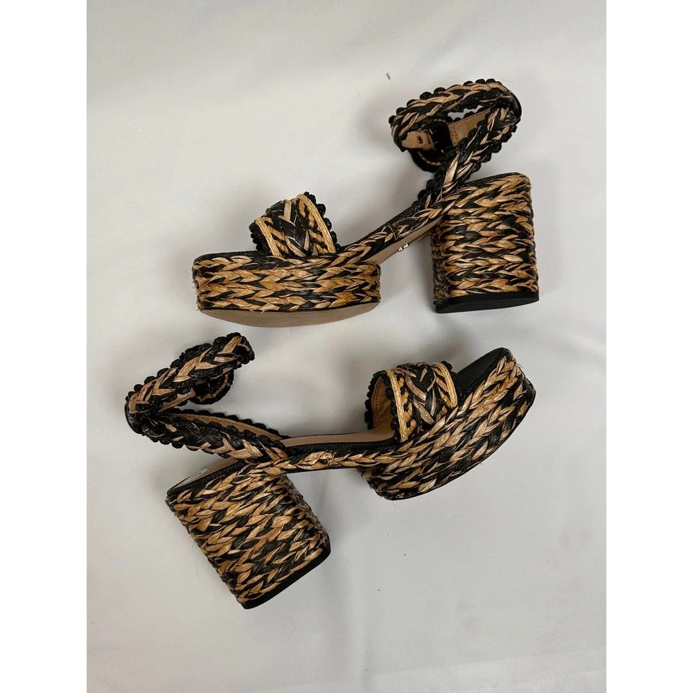 Sam Edelman Iliana Raffia Platform Sandals 9.5 Black Natural Woven Ankle Strap